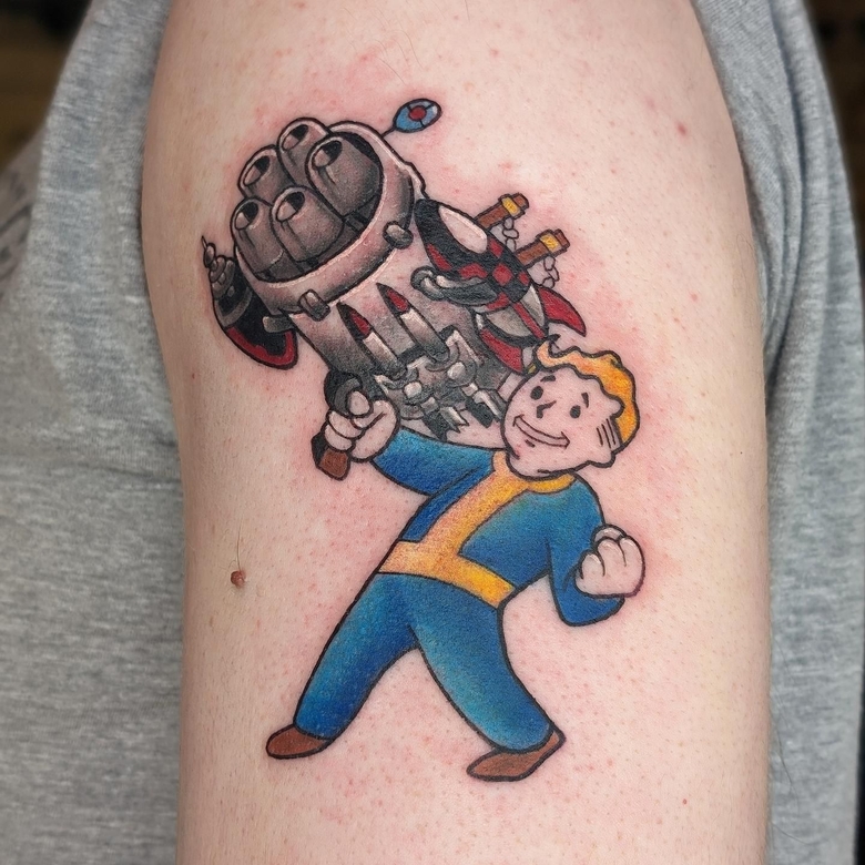 fallout, tattoo, gallery, photos @romacarmellatattoos color,old school,vault boy with huge rocket launcher,fallout
