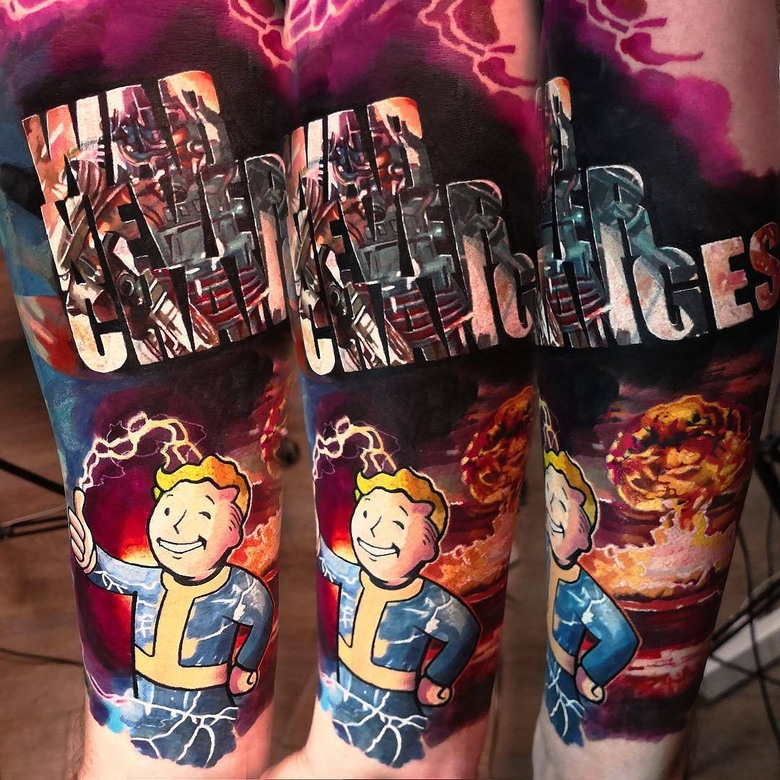 fallout, tattoo, gallery, photos @laky_tattoo color,realistic,nuclear explosion,tattoo,fallout