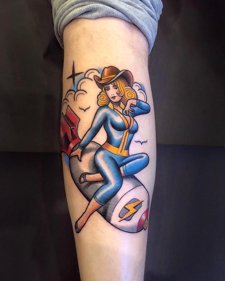 fallout, tattoo, gallery, photos @johan.foreverlost color,old school,vault boy upon the nuclear bomb