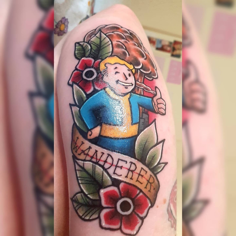 fallout, tattoo, gallery, photos @tattooharbourtom color,old school,vault boy,nuclear explosion,fallout