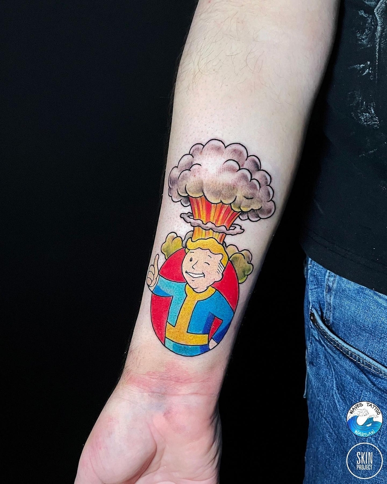 fallout, tattoo, gallery, photos @mala_potega color,old school,vault boy,nuclear explosion,fallout