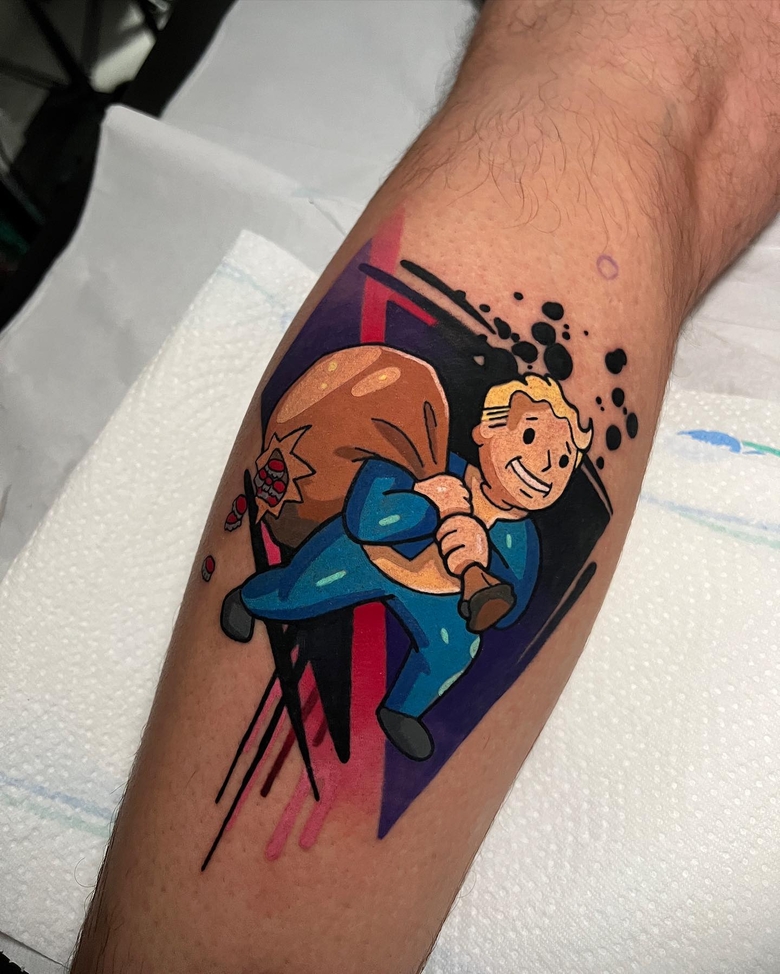 fallout, tattoo, gallery, photos @alcazalex color,new school,vault boy,fallout forehand tattoo