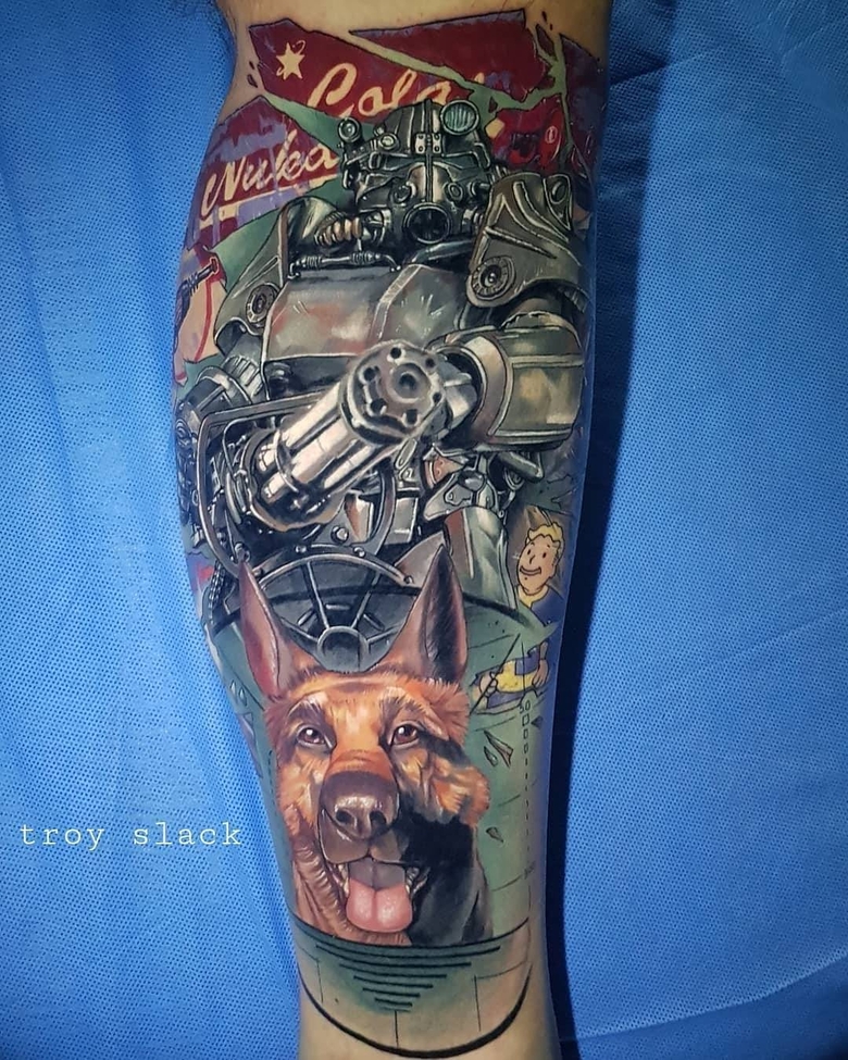 fallout, tattoo, gallery, photos @troyslackink color,realistic,old school,t 60,dog,fallout tattoo