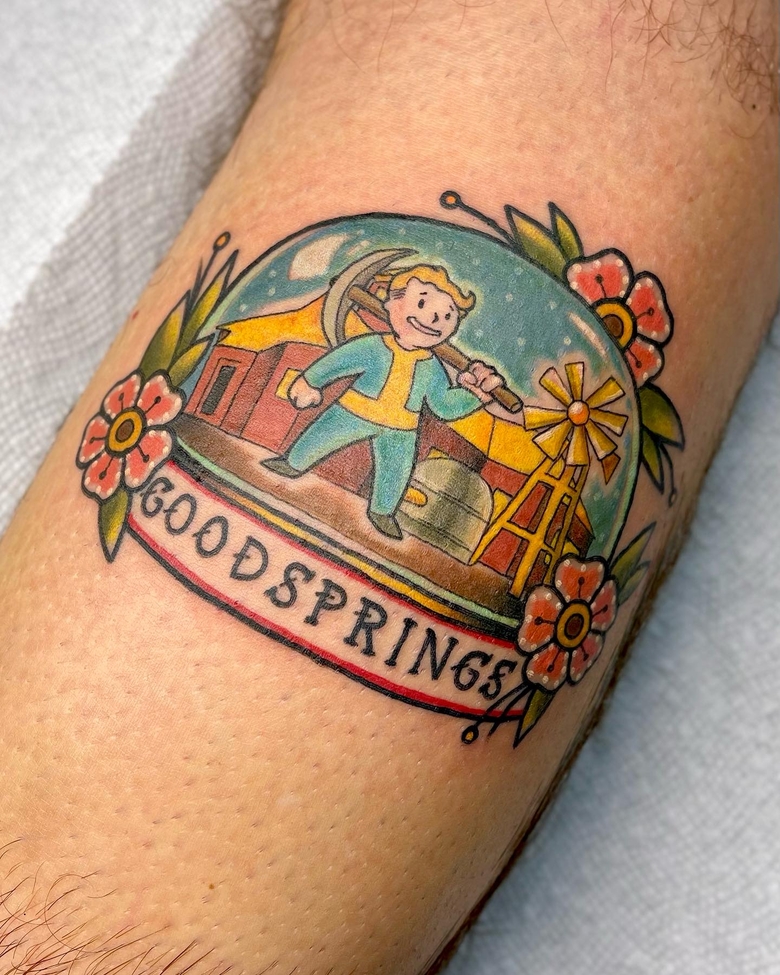 fallout, tattoo, gallery, photos @vaultt_tec color,old school,vault boy,fallout tattoo