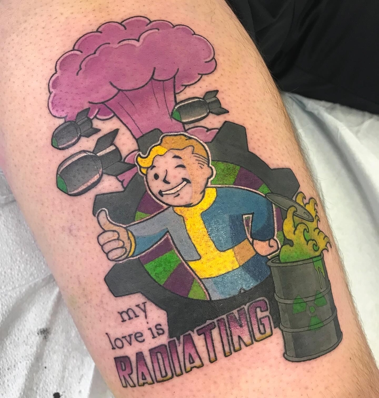 fallout, tattoo, gallery, photos @rustiewilsontattoos color,old school,vault boy,nuclear explosion,fallout tattoo