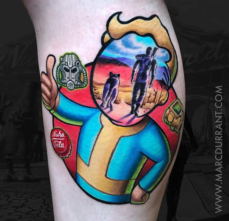fallout, tattoo, gallery, photos @marcdurrant color,new school,vault boy,fallout tattoo
