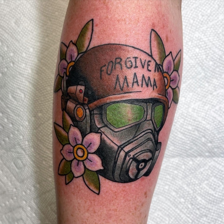 fallout, tattoo, gallery, photos @vaultt_tec color,old school,gas mask,forgive me mama fallout tattoo