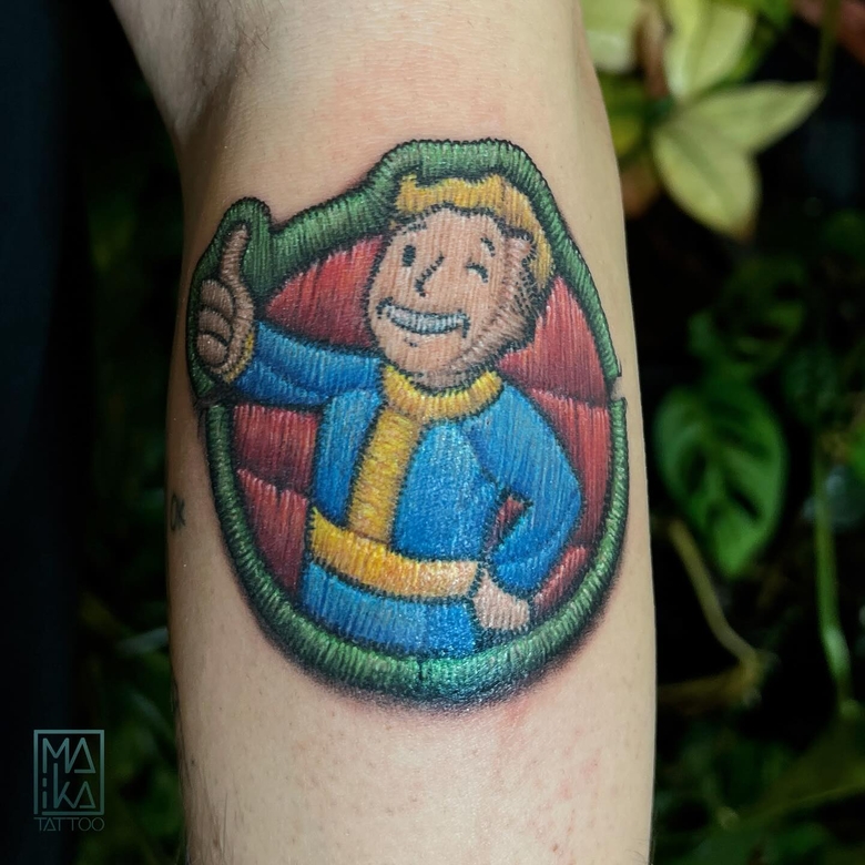fallout, tattoo, gallery, photos @maika.tattoo color,patch vault boy fallout tattoo