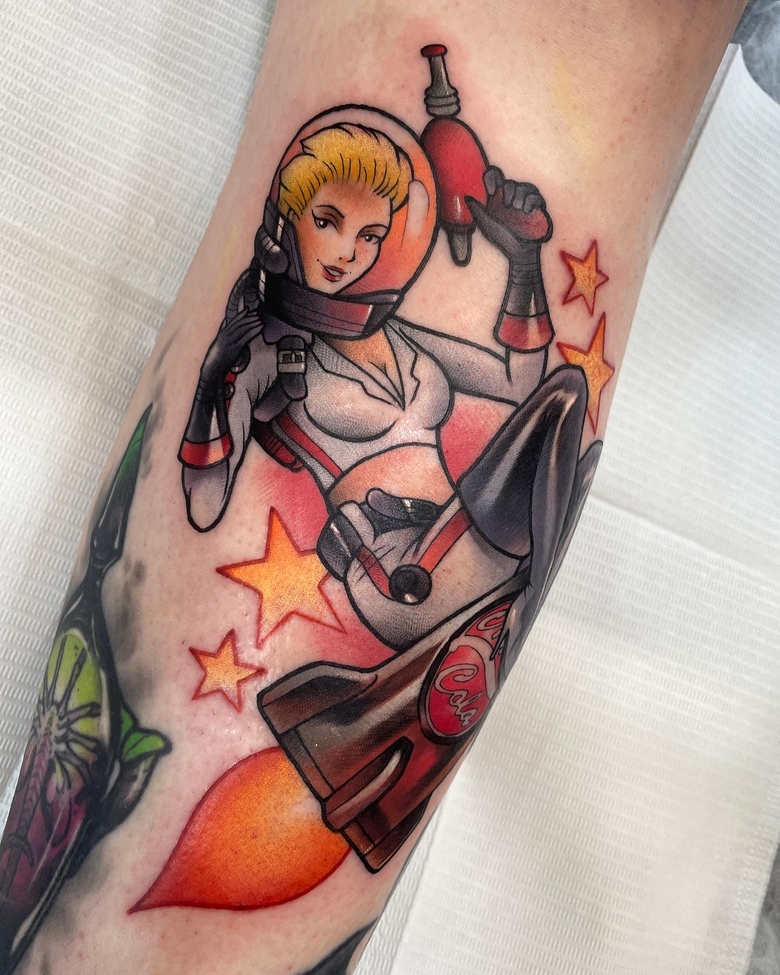 fallout, tattoo, gallery, photos @stefansalamone color old school girl upon nuclear bomb fallout tattoo