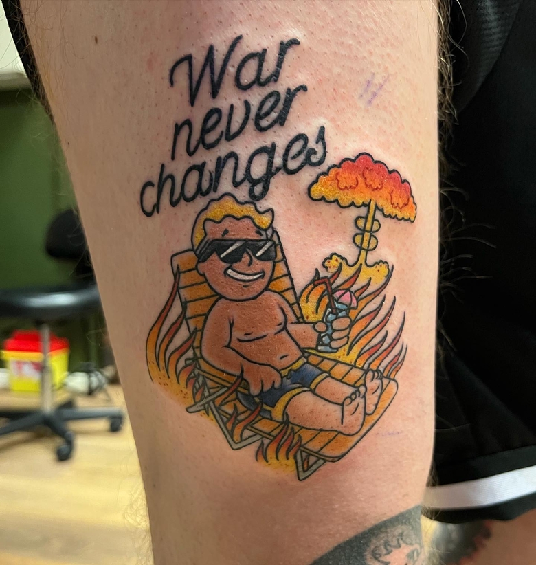 fallout, tattoo, gallery, photos @tattoosbyjuha color old school war never changes fallout tattoo