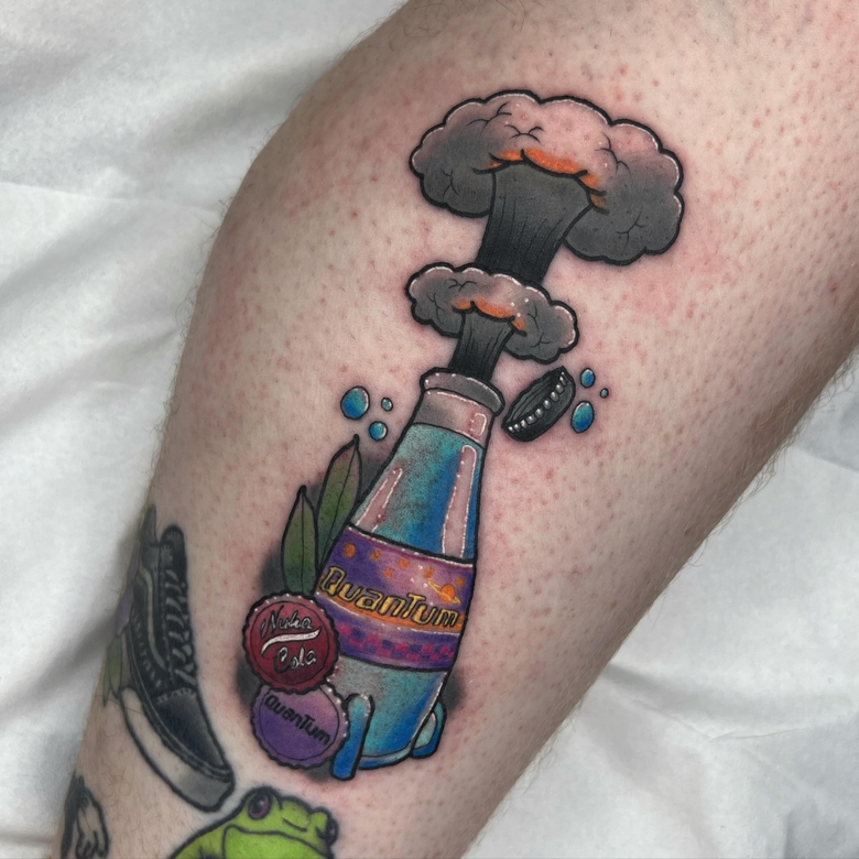 fallout, tattoo, gallery, photos @orla.tattoo color,old school,vault boy,nuclear explosion,fallout