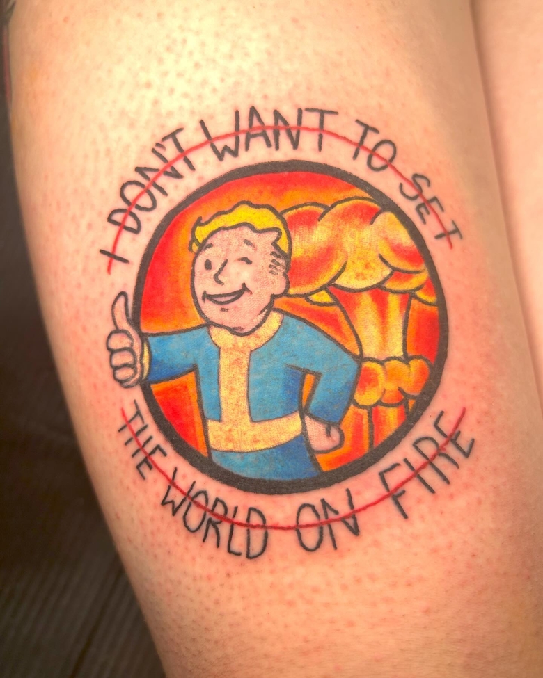 fallout, tattoo, gallery, photos @gremlin_boi_tattoos color,old school,vault boy,fallout tattoo