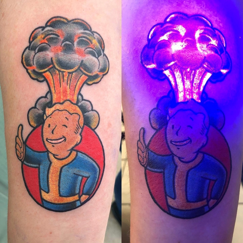 fallout, tattoo, gallery, photos @ihatemilkalot color,old school,nuclear explosion UV vault boy fallout tattoo
