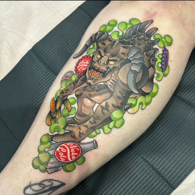 fallout, tattoo, gallery, photos @cvhtattoos color,old school,vault boy,monster fallout tattoo
