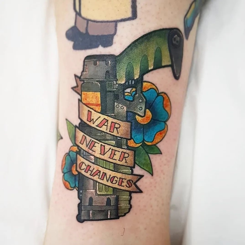 fallout, tattoo, gallery, photos @candymachine_tattoos color,old school,vault boy,war never changes fallout tattoo