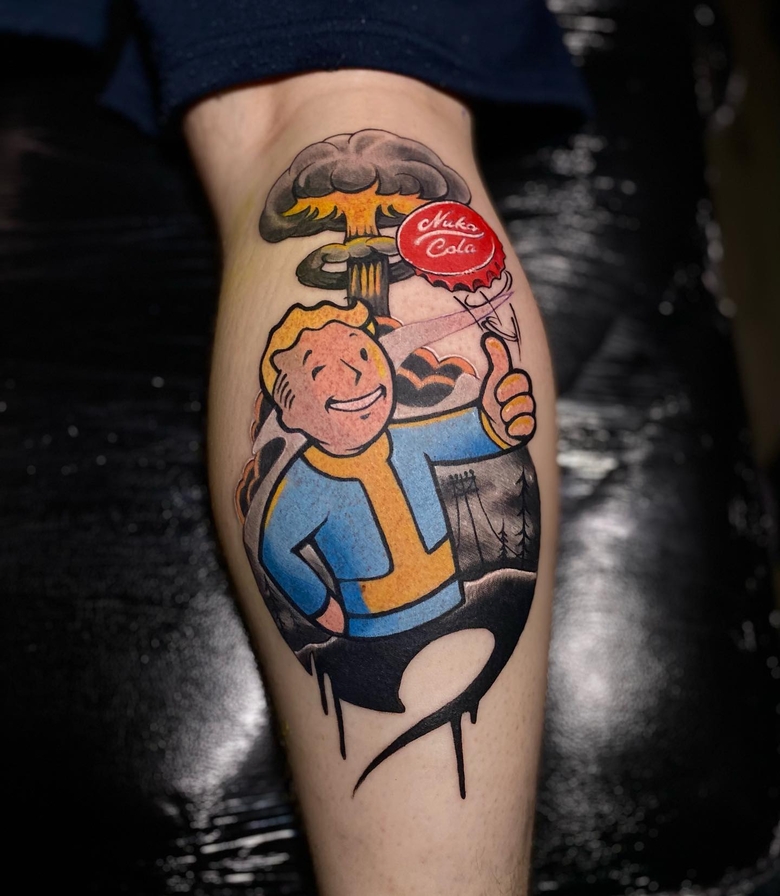 fallout, tattoo, gallery, photos @martfy_tattoo color,new school,nuclear explosion,vault boy,fallout