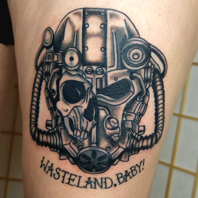 fallout, tattoo, gallery, photos @beau.v.tattoo black,t 60 hemlet,fallout,old school tattoo