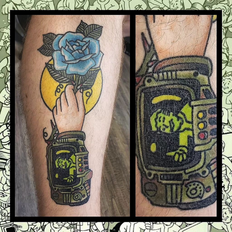 fallout, tattoo, gallery, photos @steverieckratc color,old school,vault boy,Pip-Boy fallout tattoo