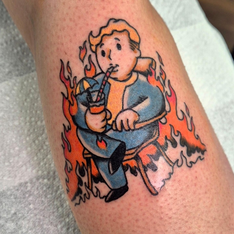 fallout, tattoo, gallery, photos @idlehanded fallout tattoo,vault boy,old school,color