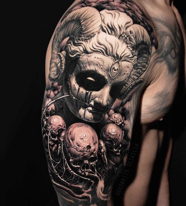 Artista de tatuagem Hokowhitu Sciascia estilo horror tatuagem black&grey | Melbourne, Austrália