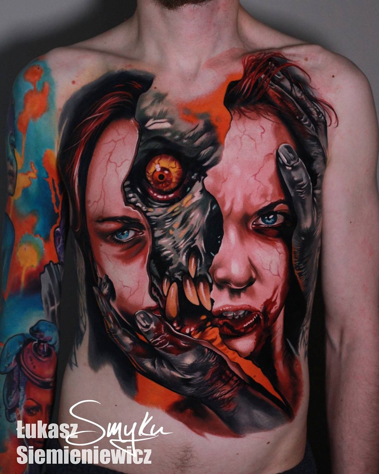 Artista de tatuagem Lukasz Smyku, estilo color horror realism | Polônia