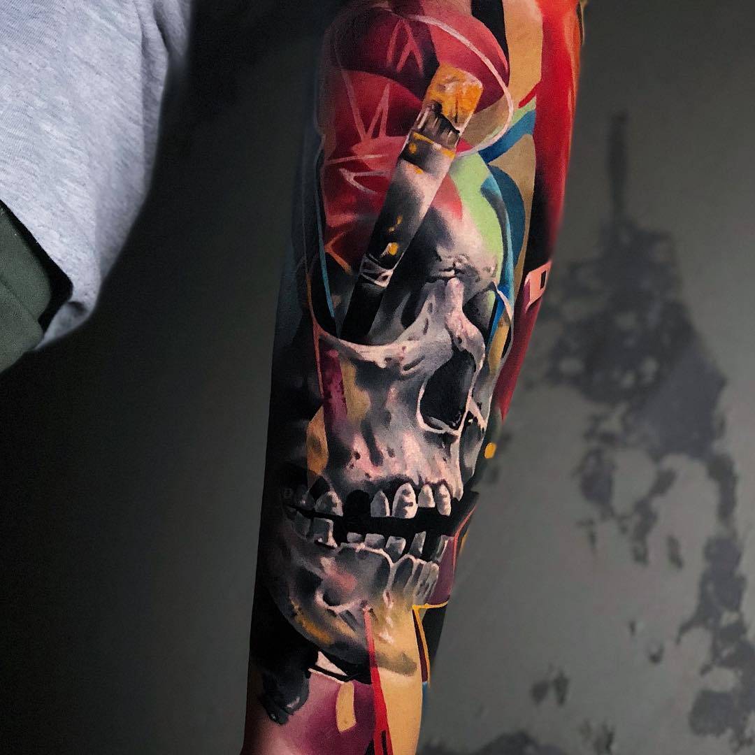 Tattoo artist Igor Mitrenga, authors color relistic portrait tattoo in graffiti design | Prague, Czech