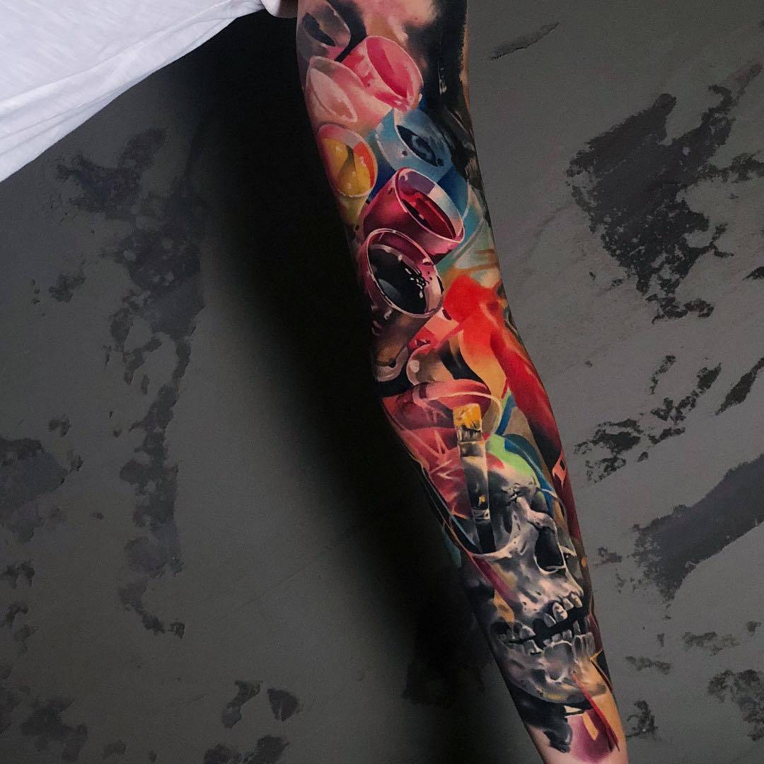 Tattoo artist Igor Mitrenga, authors color relistic portrait tattoo in graffiti design | Prague, Czech