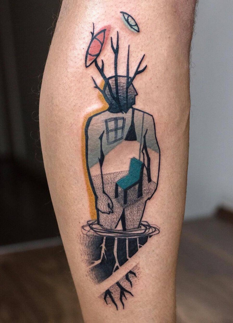 Artista de tatuagem Mike Kyrtatas, autores estilo cor e tatuagem surrealista em esboço preto | Reino Unido