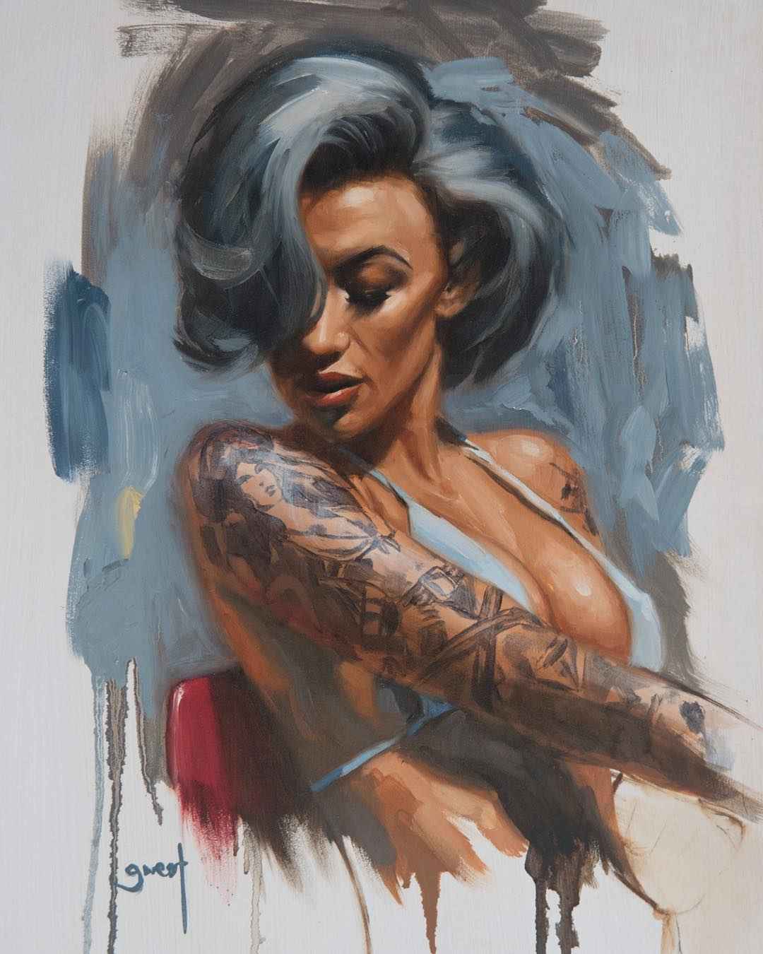 As pinturas do artista Chris Guest, imagens Neo Pin-Up com modelos tatuados | Reino Unido
