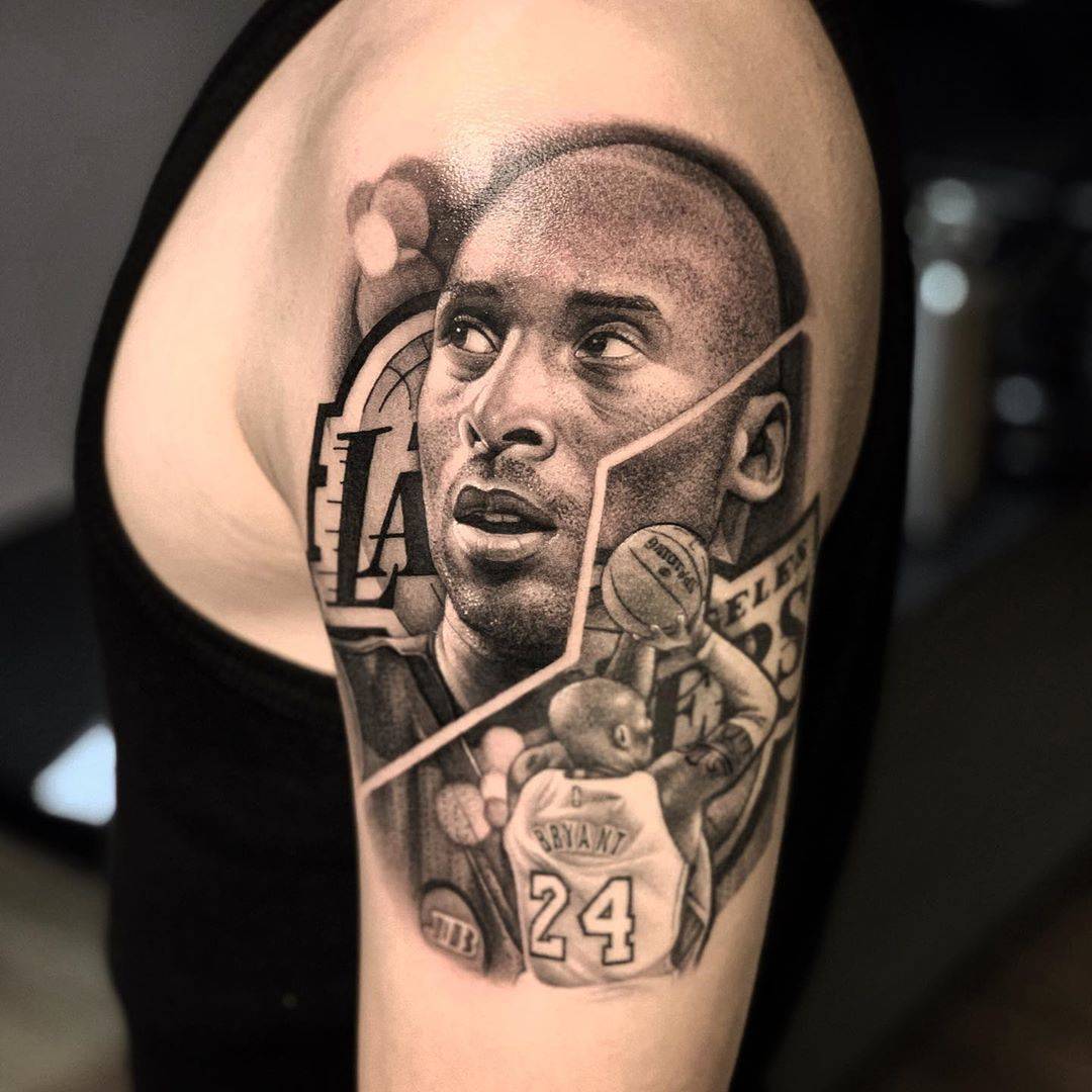 Artista de tatuagem SHU, tatuagem preta e cinza realista de Kobe Bryant