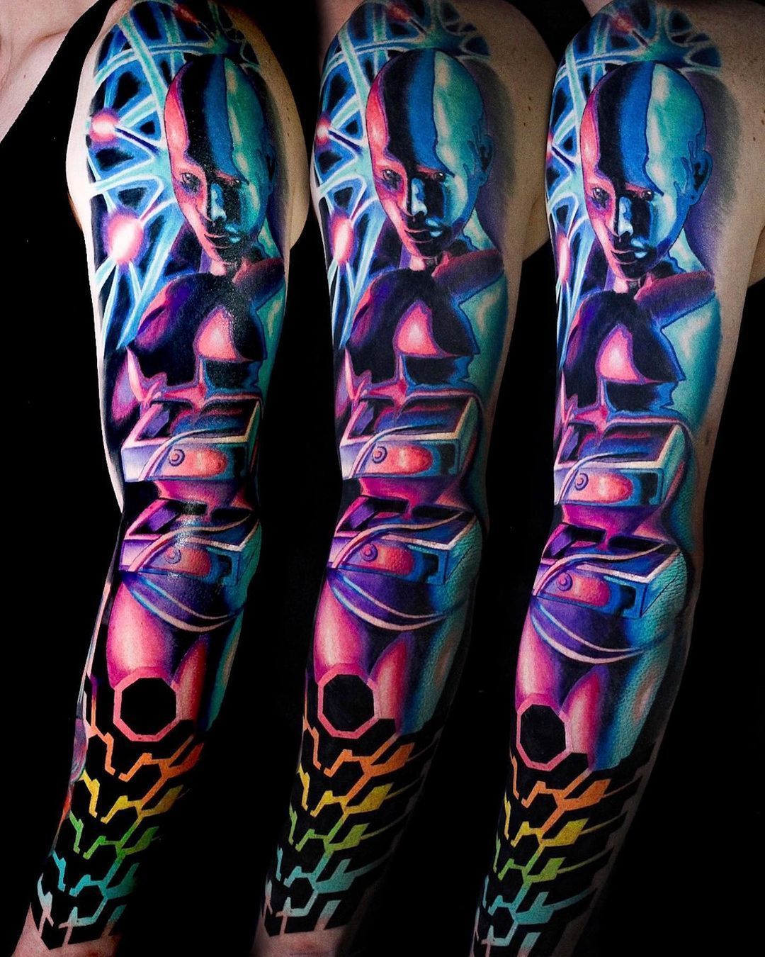 Bright tattoo sleeve for the photographer. Santorini and volcano tattoo  idea | TattoosAI