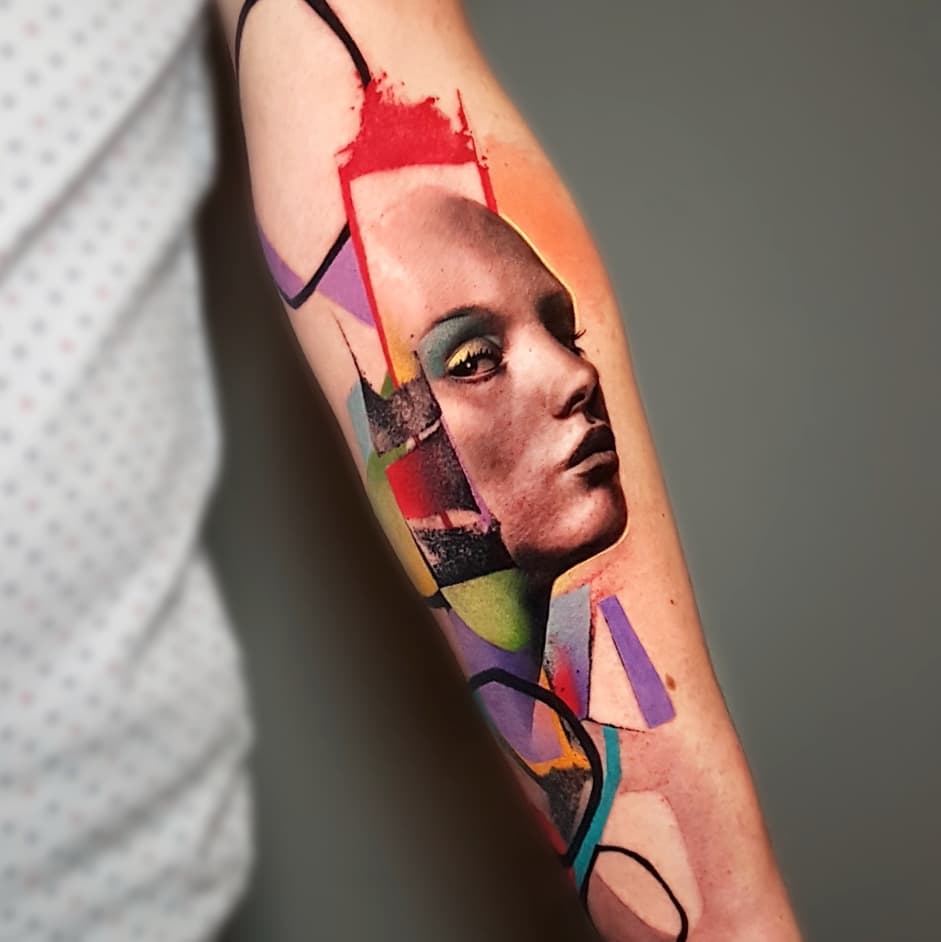 Luca Font - colorful combines of cubism and primitive in tattoo