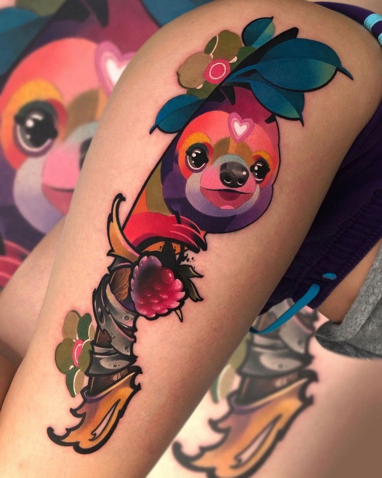 Акварельная татуировка с ленивцем от Натальи Сажиной