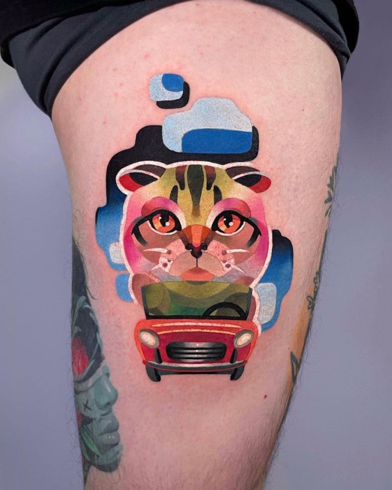 Акварельная татуировка с котиком