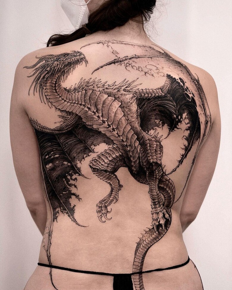 European dragon tattoo on the back