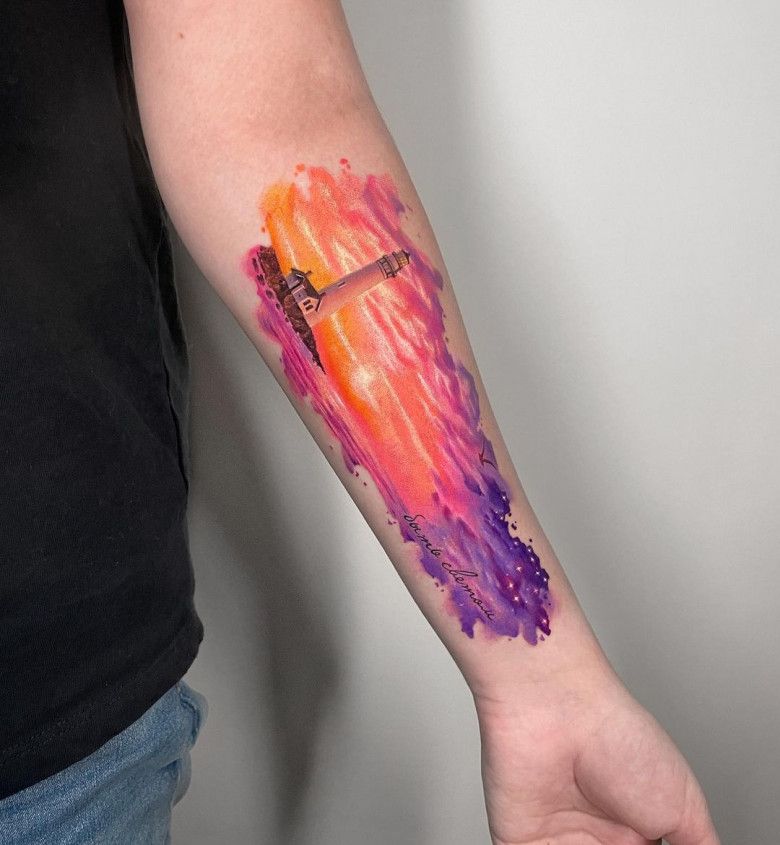 Закат акварельная татуировка