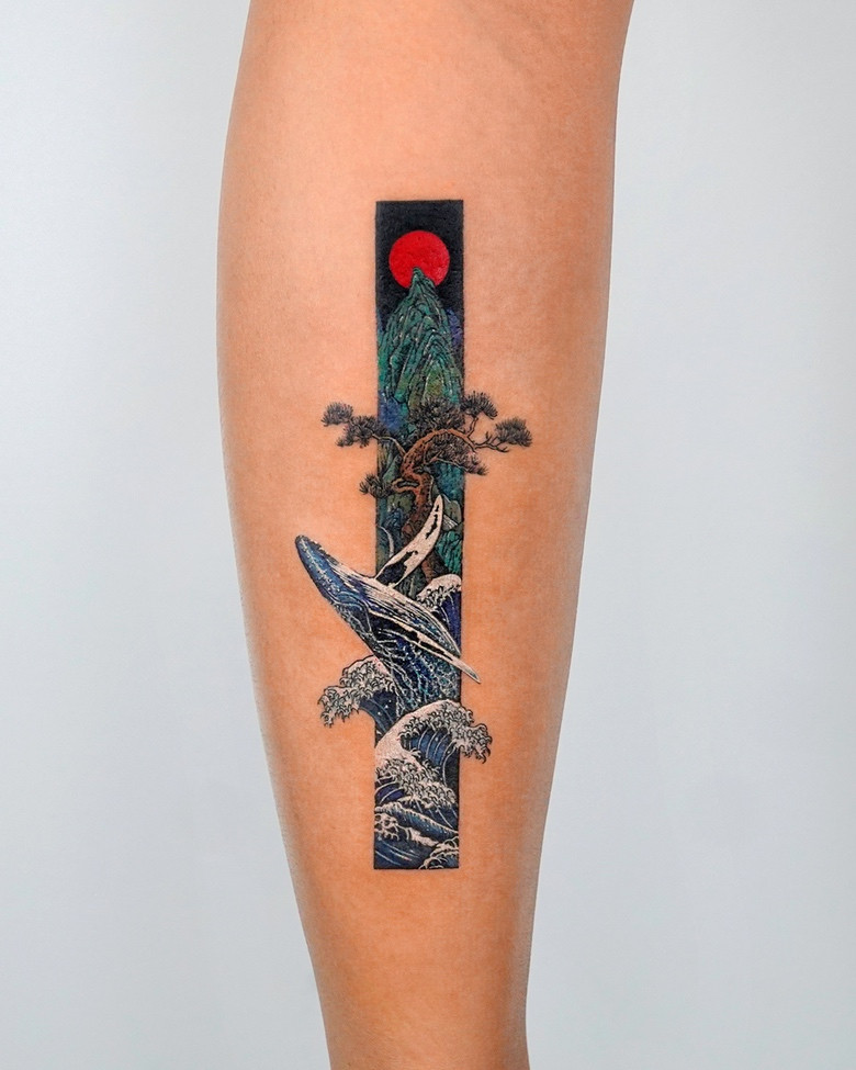 Elegant Rectangle Tattoo Designs Reveal a Sliver of Colorful Scenes