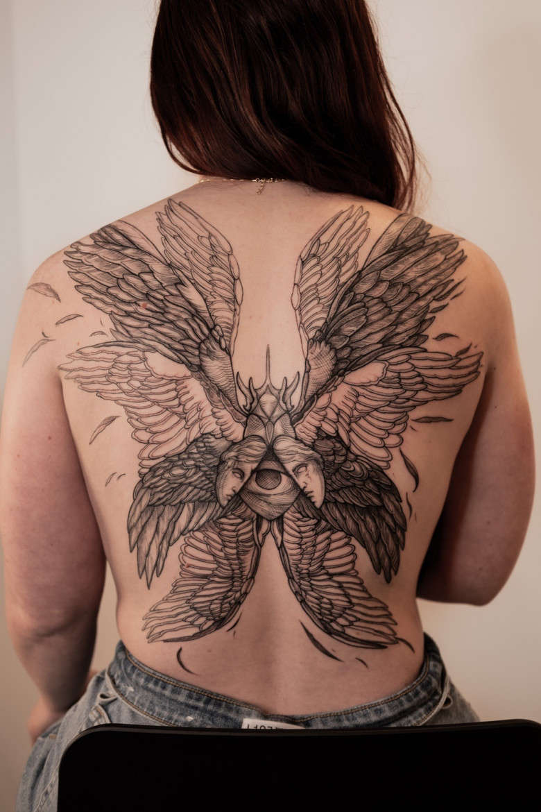 Outline of a crow with open wings tattoo idea | TattoosAI