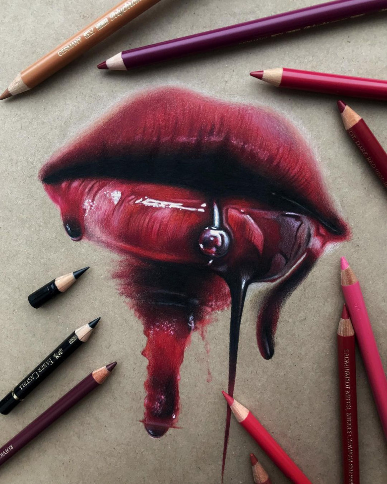 Губы в крови гиперреализм рисунок карандашами