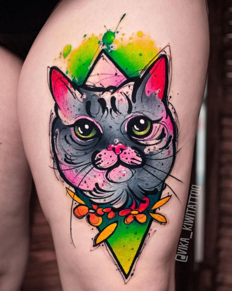 Акварельная татуировка котика