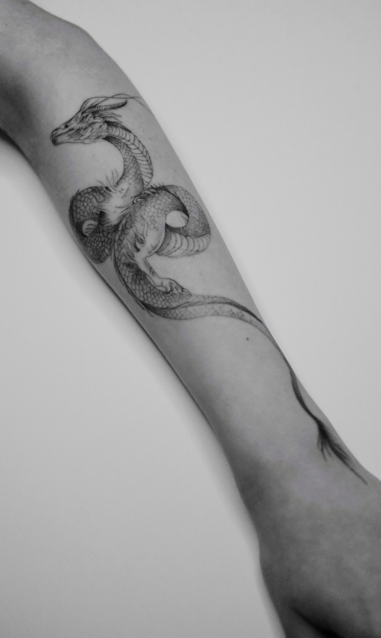 Fine Line dragon tattoo by Ksenia Way Ink