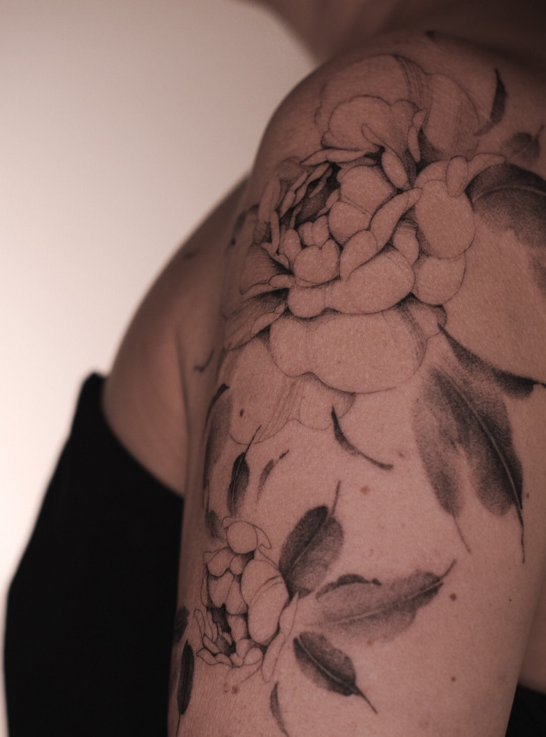 Flower fine line tattoo by Ksenia Way Ink