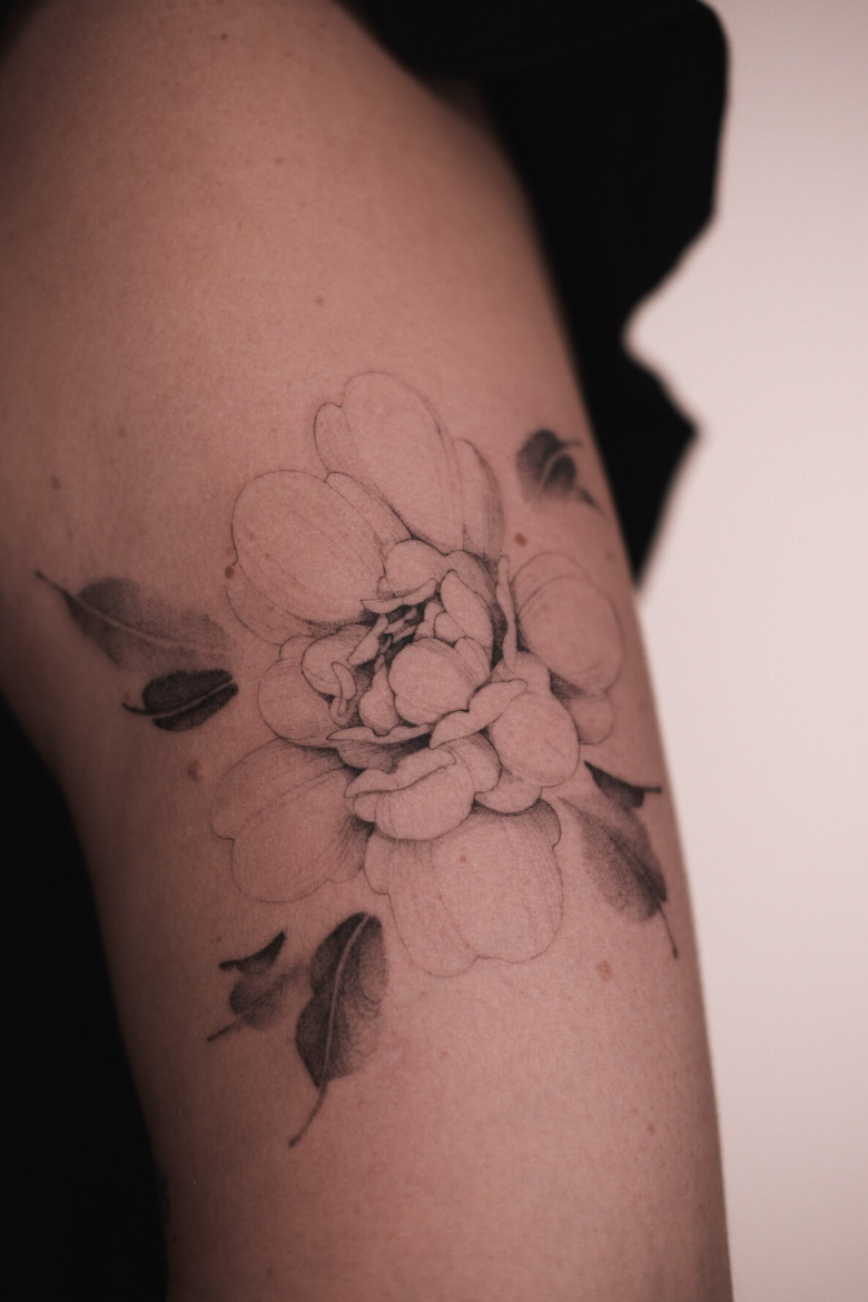 Fine Line peony tattoo by Ksenia Way Ink