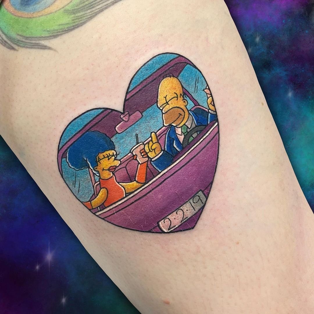 Homer and Marge Simpson in the car tattoo