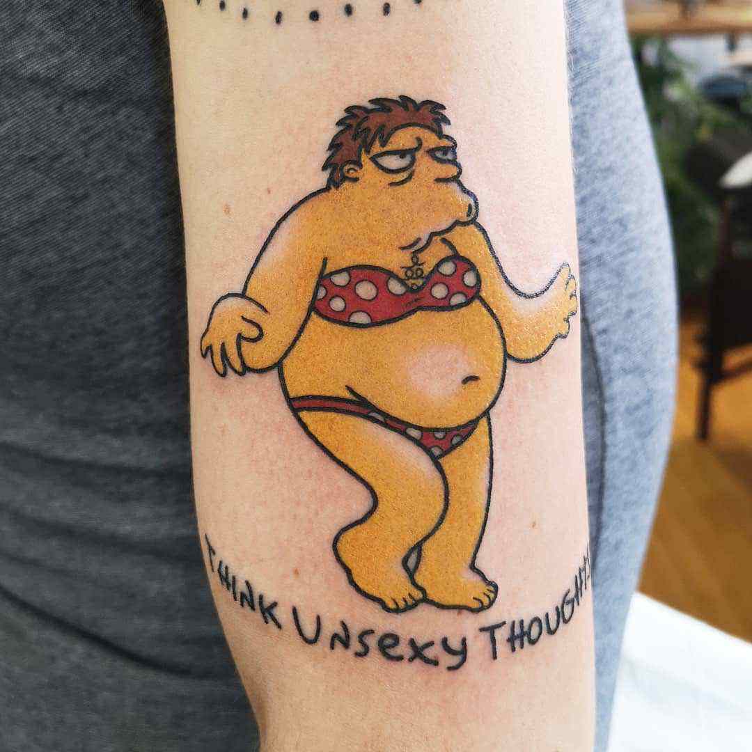 Barney Gumble in women swimsuit - tattoo based on The Simpsons