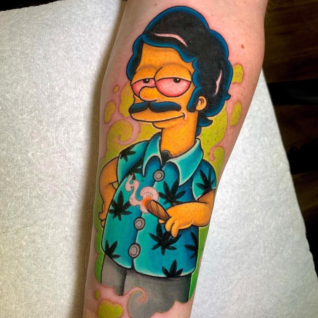 Bart Simpson in mustache and Hawaiian shirt tattoo 