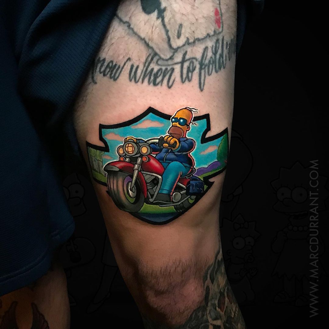 Homer Simpson biker on motorcycle tattoo
