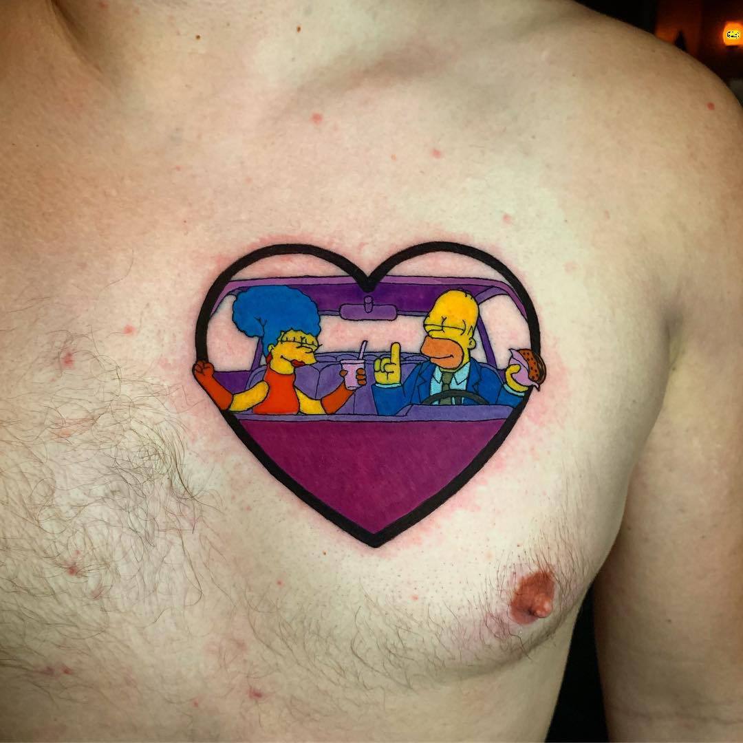 Homer and Marge Simpson in the car tattoo