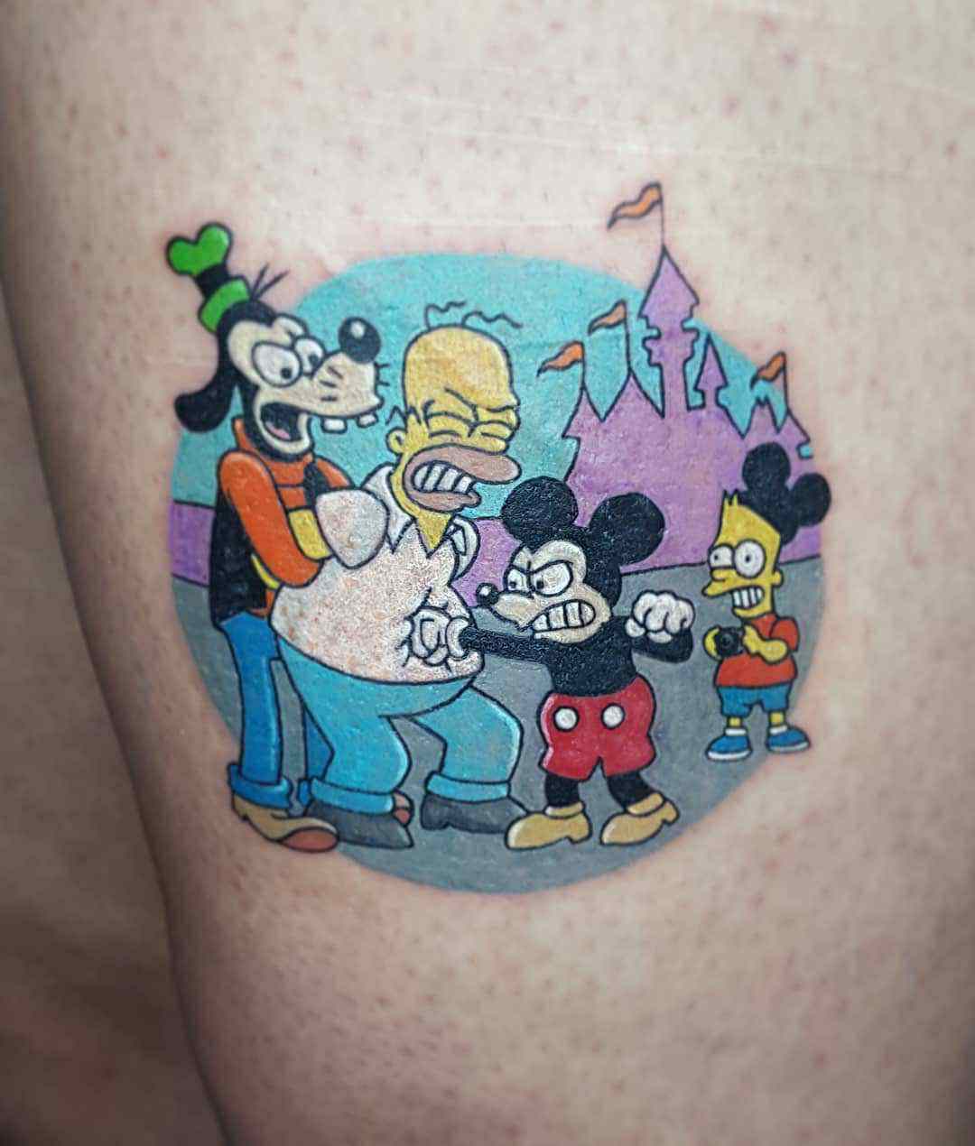Mickey Mouse and Goofy beating of Homer Simpson in Disneyland tattoo