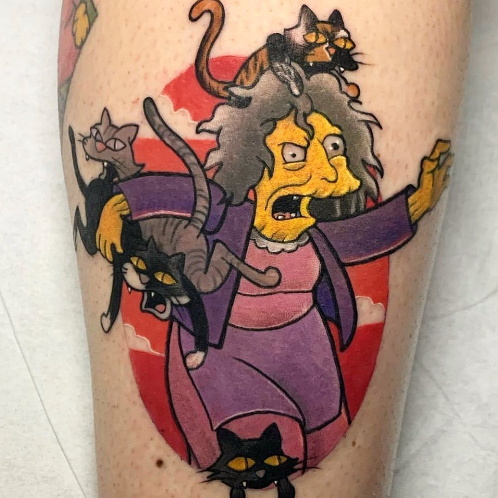 Crazy Cat Lady tattoo based on The Simpsons